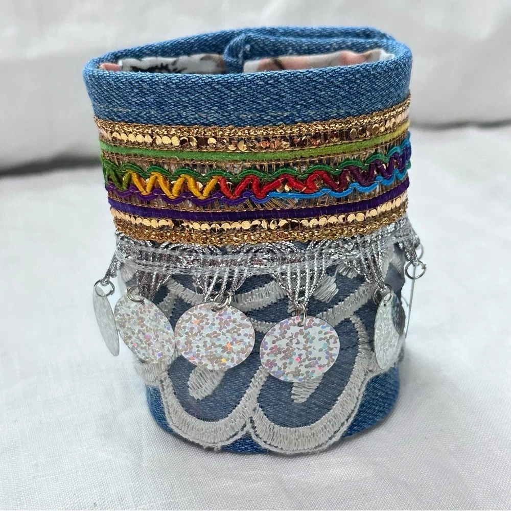 RUBYRUDI Cuff Bracelet Handcrafted OOAK Fabric Embellished Artisan Wearable Art